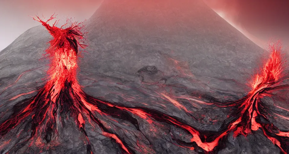 Image similar to a volcano made of ivory vines and crimson rocks enters in eruption, it spits a smoke in the shape of demonic eye, by filip hodas