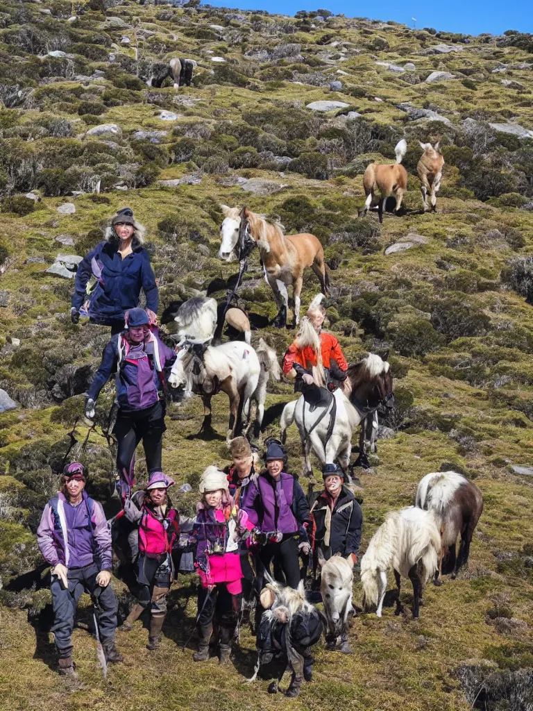 Image similar to the saalfield clan on top of mt bogong snow capped and on fire and light with a sound cloud above with horses, dogs coming out of it somewhere