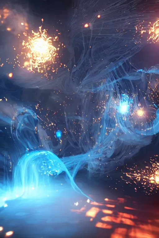 Image similar to swirling light streaks and ornate flowing smoke streams and smooth particle effects, fume fx, unreal engine