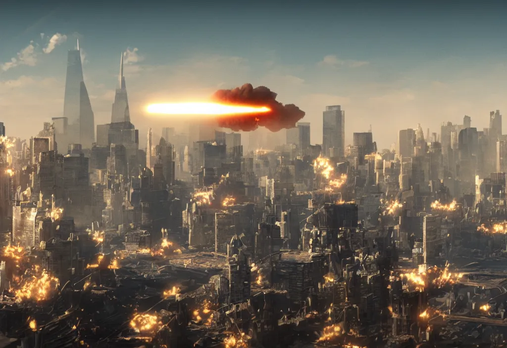 Prompt: a photograph of a nuclear warhead detonating over the manhattan skyline, ultrarealistic, trending on art station, octane render, dramatic concept art, 4k, high detail, volumetric lighting