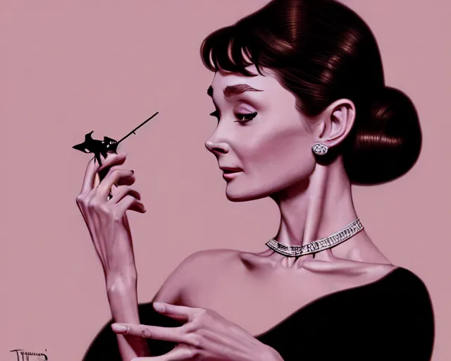 Image similar to photography of audrey hepburn in breakfast at tiffany's, deep focus, intricate, elegant, highly detailed, digital painting, artstation, concept art, matte, sharp focus, illustration, art by artgerm and greg rutkowski and alphonse mucha