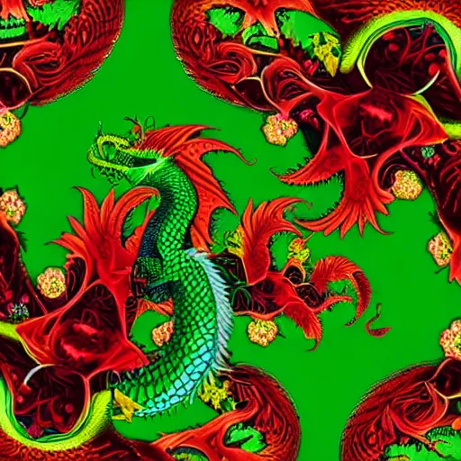 Image similar to rhaegal, green dragon, surrounded by roses in fractal patterns