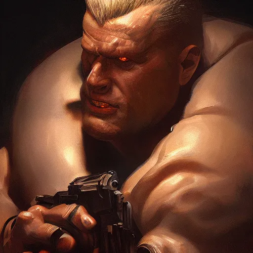 Image similar to a closeup portrait of duke nukem, dramatic lighting, chiaroscuro, high detail, painted by greg rutkowski, painted by igor kieryluk, painted by bobby chiu, trending on artstation