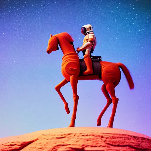 Image similar to photography of anthropomorphic horse riding on top of an astronaut horse back. from western by hiroyuki okiura and katsuhiro otomo and alejandro hodorovski style with many details by mike winkelmann and vincent di fate in sci - fi style. volumetric natural light photo on dsmc 3 system,