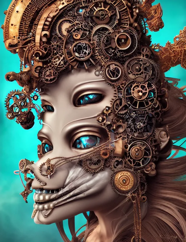 Image similar to 3 d goddess close - up profile steampunk portrait ram skull. beautiful intricately detailed japanese crow kitsune mask and clasical japanese kimono. betta fish, jellyfish phoenix, bio luminescent, plasma, ice, water, wind, creature, artwork by tooth wu and wlop and beeple and greg rutkowski