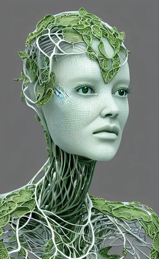 Prompt: complex 3d render ultra detailed of a beautiful porcelain profile woman face, green hazel eyes, vegetal dragon cyborg, 150 mm, beautiful natural soft light, rim light, silver niobium details, magnolia big leaves and stems, roots, fine lace, maze like, mandelbot fractal, anatomical, facial muscles, cable wires, microchip, elegant, white metallic armor, octane render, black and white, H.R. Giger style