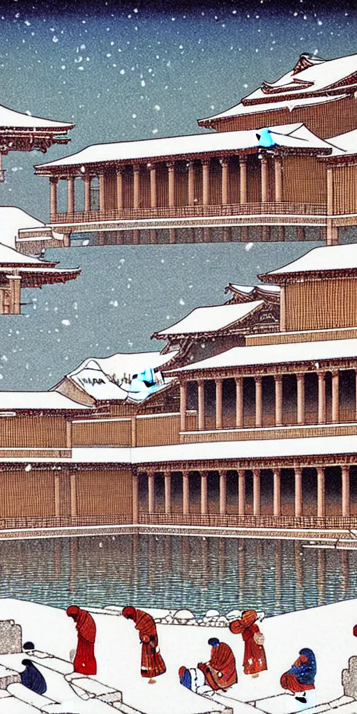 Prompt: a beautiful ancient greek bathhouse in the winter by hasui kawase