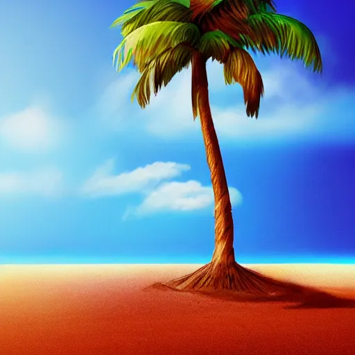 Image similar to lone palm tree on a lonely island in the sea, concept art, illustrated, highly detailed, high quality, bright colors, optimistic,