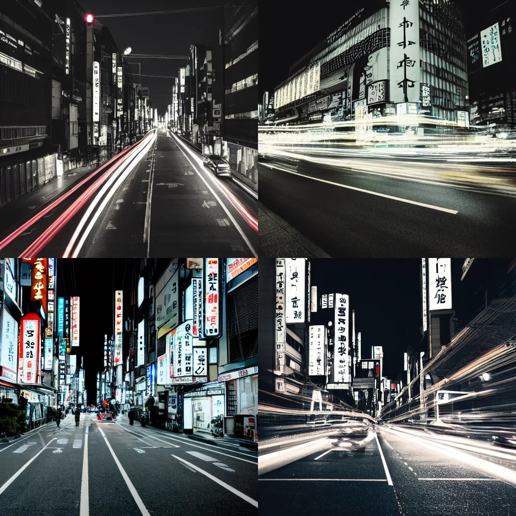 Prompt: a night shot with bulb exposure of Tokyo, cars passing by