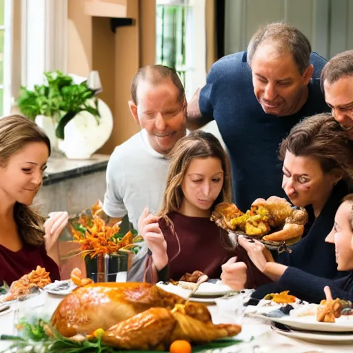 Image similar to a family sitting at a table eating thanksgiving dinner, the turkey is a monkey