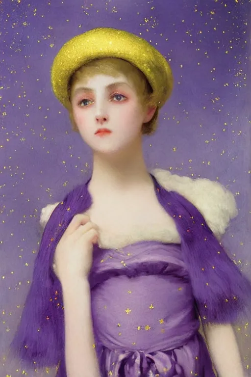 Image similar to A full body image of a beautiful and mysterious mystical girl with short blond hair wearing an oversized purple Beret, Baggy Purple overall shorts, Short Puffy pants made of silk, pointy jester shoes, a big billowy scarf, Golden Ribbon, and white leggings Covered in stars. Short Hair. Sunlit. Fortune teller. Haute Couture. Art by william-adolphe bouguereau and Paul Delaroche and Alexandre Cabanel and Lawrence Alma-Tadema and Johannes Helgeson and WLOP. Smooth. Elegant. Highly Detailed. Intricate. Surrounded by clouds. 4K. UHD. Denoise.