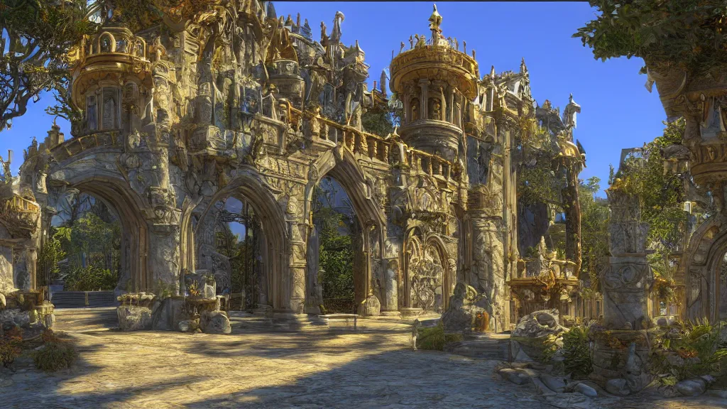 Image similar to entrance of a fabulous marble and gold castle in the sun, surrouoded with mystical gardens, magic clear water, james gurney, unreal engine, artstation