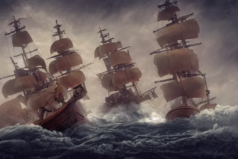 Image similar to epic pirate ship cannon battle in a storm, in the style of vernon grant and chris van allsburg, trending on artstation, bright tilt - shift camcorder effect, photoshop, retrowave, hyperrealism, octane, sharp focus, masterpiece