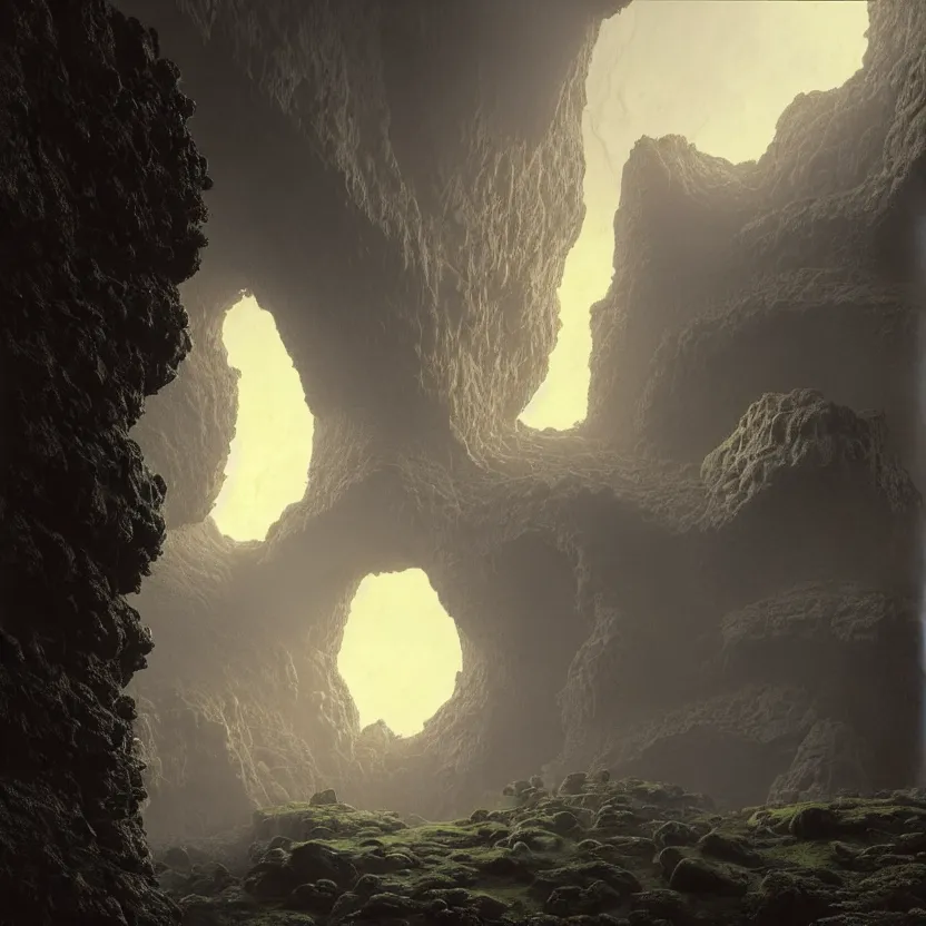 Prompt: secret james bond brutalist architecture supervillain lair in a cavernous expanse where organic blobs and tendrils explode out ; beautifully lit by the sunset in mist ; by ferdinand knab and rembrandt van rijn ; very detailed, 3 d rendered matte painting unreal engine, inked cel edges