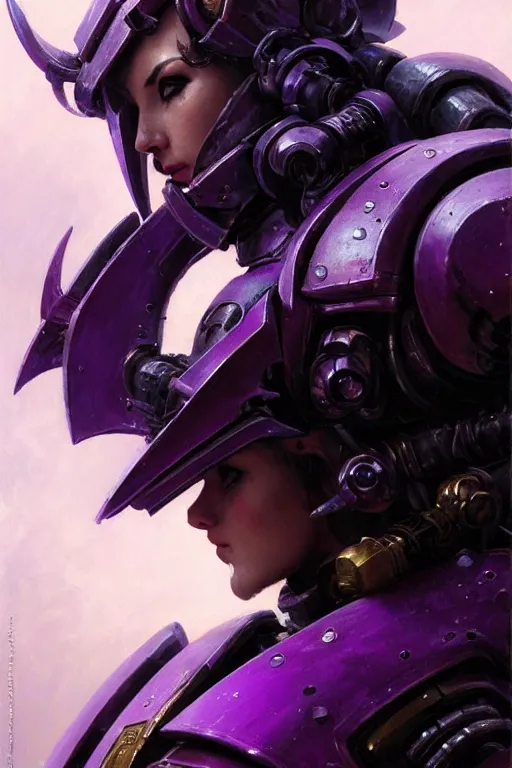 Prompt: extreme close up, facial portrait, woman with a long black ponytail in purple sci - fi armor, kitsune inspired armor, mechanical armor, warhammer 4 0 k, doom, cybernetic hands, stoic, grim dark, moody, portrait dnd, painting by gaston bussiere, craig mullins, greg rutkowski, yoji shinkawa