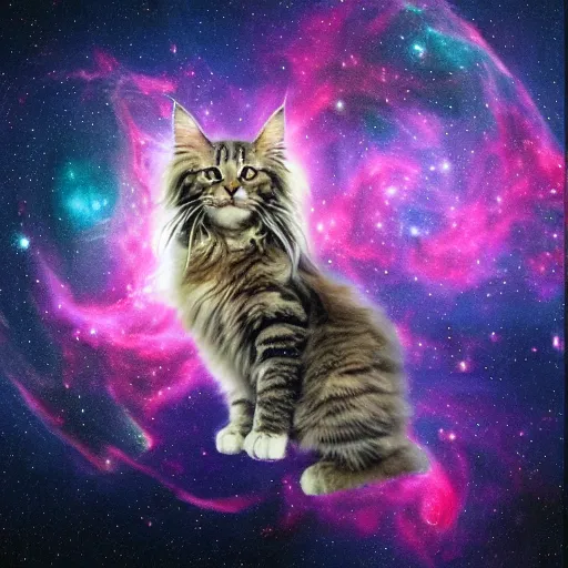 Prompt: realistic giant maine coon cat in space nebula art