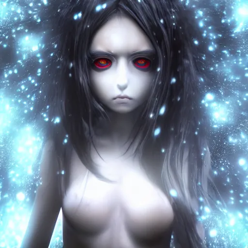 Prompt: photorealistic full body shot of masterpiece angry darkness anime girl, beautifull lovely eyes, electric aura with particles, snowing, darkness background, inspired by tim burton, detailed, unreal engine 4 k, volumetric light, fog