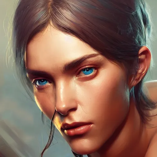 Image similar to a very beautiful woman with muscles, digital art, photorealistic, unreal engine, 8 k resolution, artstation, beautiful face, pretty face, very detailed eyes, by wlop, greg rutkowski, simon bosley