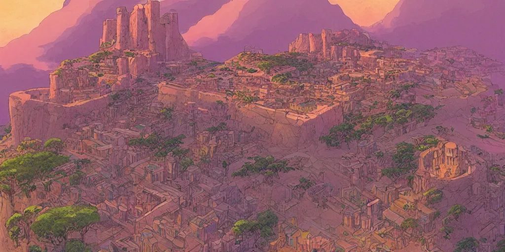 Image similar to an african city in a valley bordered by a fortress on the mountain side with three towers, multicolored spirits flying in the skies, comics art, cinematic volume lighting, 4k, illustration, epic scene, trending on artstation, art by ghibli moebius