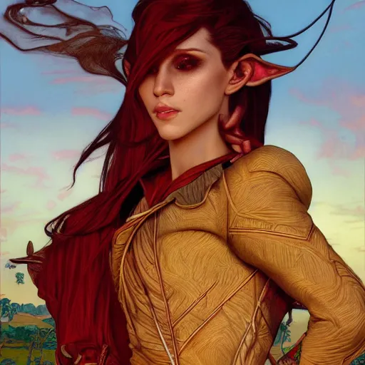 Image similar to photograph of a beautiful and androgynous half - elf with medium skin tone and messy short red hair and copper eyes with slit pupils, dressed in a colorful jodhpuri suit, dnd character, golden hour, by ross tran and gerald brom and kehinde wiley and fernando amorsolo and alphonse mucha, trending on artstation