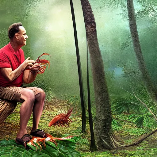 Image similar to Tom Hanks as forrest gump sitting on a giant shrimp in the jungle, realistic digital painting, in the style of Vitaly Samarin Alexiu, photoreailstic, realistic face, amazing detail, sharp