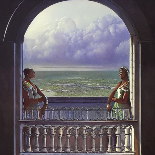 Image similar to a fijian queen looks down on her city from the palace balcony, fantasy art by alan lee