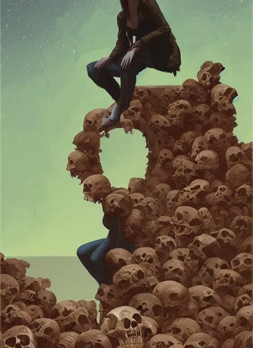 Image similar to woman sitting on a pile of skulls, snowing night by Edward Hopper and James Gilleard, Zdzislaw Beksinski, Katsuhuro Otomo highly detailed