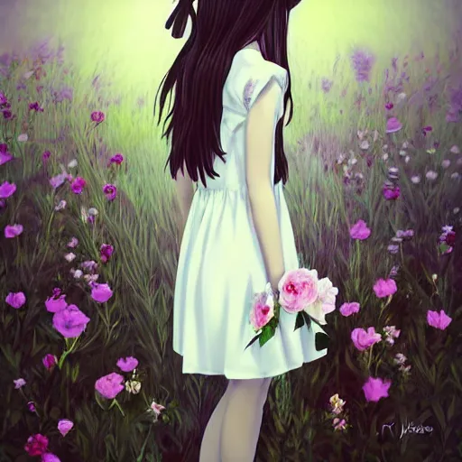 Image similar to little girl with flowers in hair wearing an white dress, art by ilya kuvshinov, profile picture, inspired in hirohiko araki, realistic, highly detailed, 8 0 s anime art style