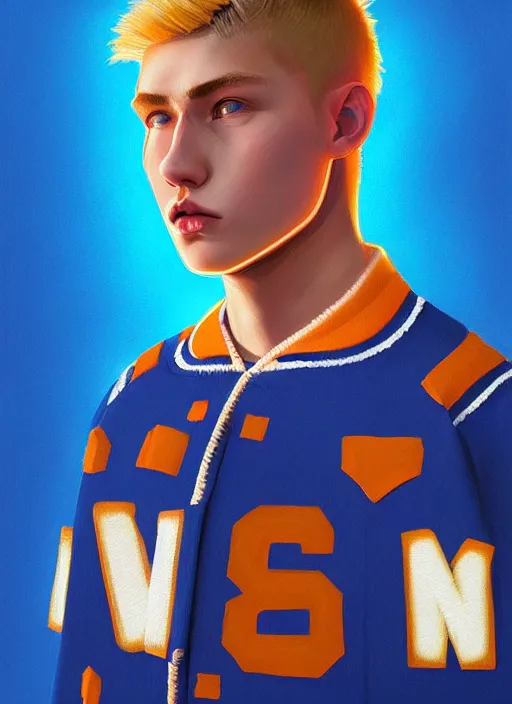 Image similar to portrait of high school senior boy named big moose, blonde short hair, jock, beefy, wide face, square jaw, square facial structure, blue varsity jacket with letter r, intricate, elegant, glowing lights, highly detailed, digital painting, artstation, concept art, sharp focus, illustration, art by wlop, mars ravelo and greg rutkowski