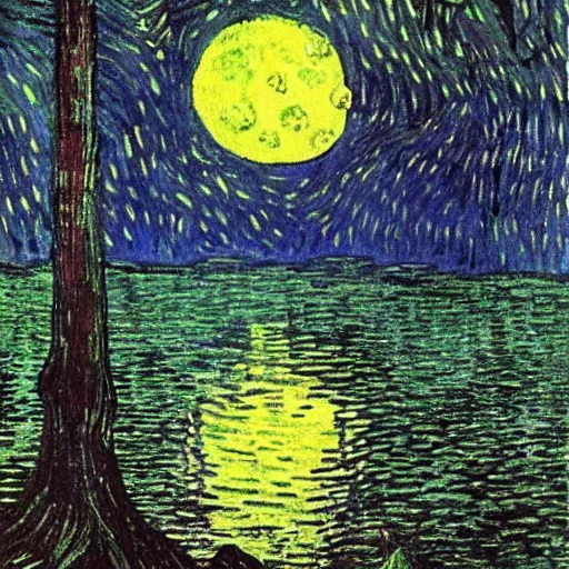 Image similar to towering misty dark fantasy forest surrounding a pond, a rusalka sits on the roots of an ancient tree looking up at the moon, looming trees, midnight, painting by van gogh