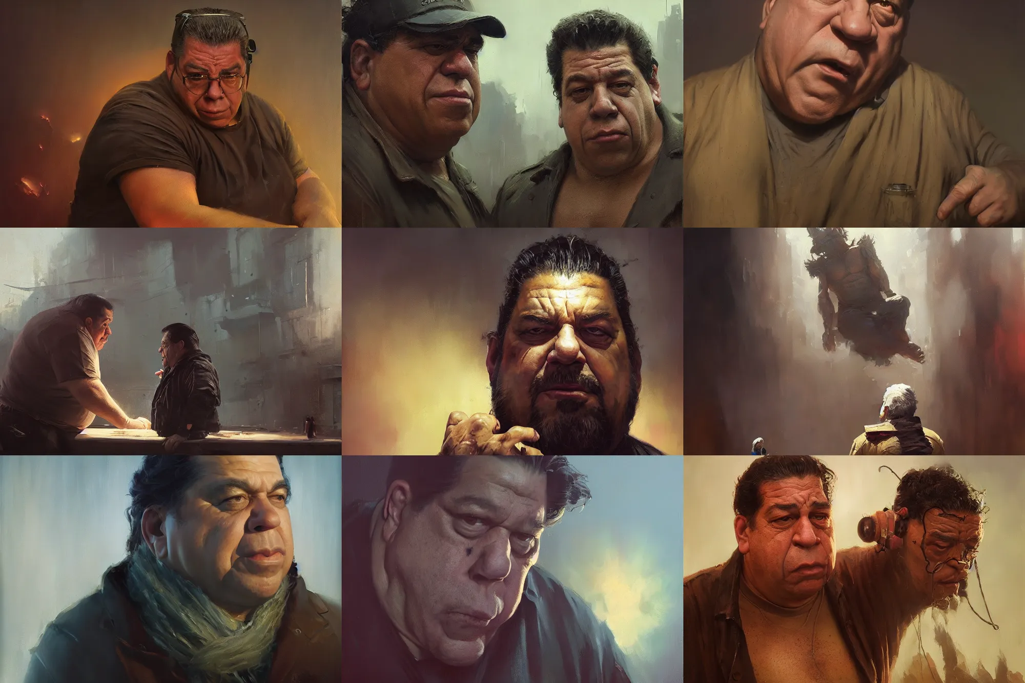 Prompt: an oil painting of uncle joey diaz, ultra realistic, highly detailed, masterpiece, cinematic by greg rutkowski, frank frazetta, beeple, christian macnevin, beeple, wlop, krenz cushart, epic fantasy character art, volumetric lighting, cgsociety