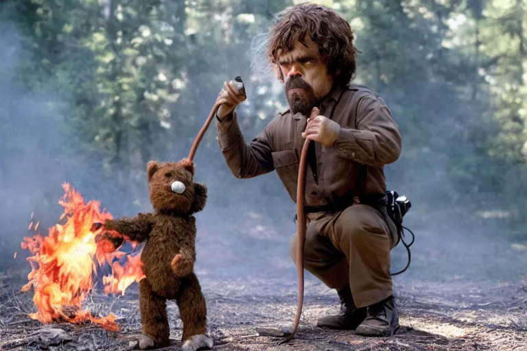 Prompt: peter dinklage holding a flare fighting smokey the bear, movie still, from the new sleepaway camp movie, 8 k, realistic