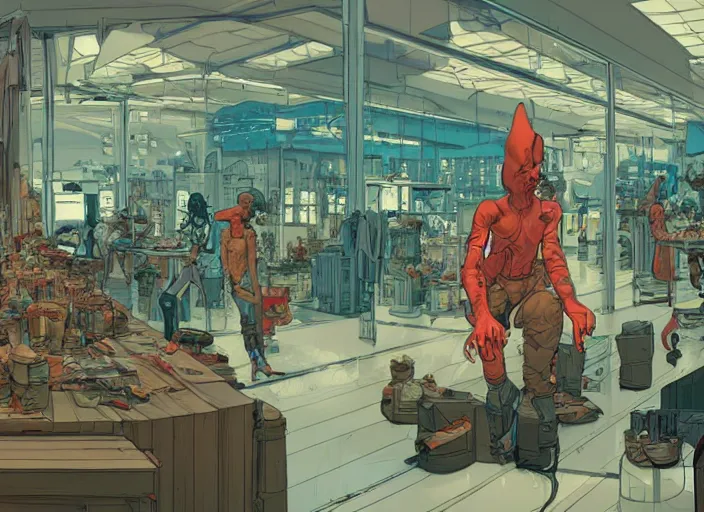 Prompt: large fancy showroom for products. sharp focus, cinematic pose, cinematic lighting, unreal engine render. art by josan gonzales and moebius and deathburger.