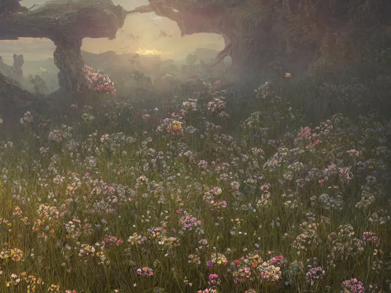 Image similar to the wasteland filled with giant flowers, au naturel, hyper detailed, digital art, trending in artstation, cinematic lighting, studio quality, smooth render, unreal engine 5 rendered, octane rendered, art style by klimt and nixeu and ian sprigger and wlop and krenz cushart