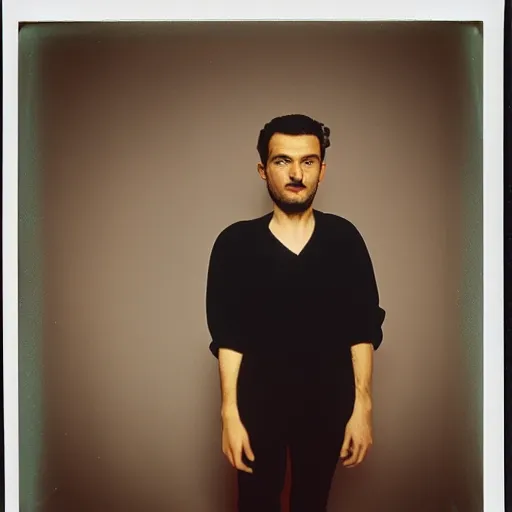 Image similar to albanian stand up comedian, 9 0 s polaroid, colored, by jamel shabbaz, robert mapplethorpe, davide sorrenti