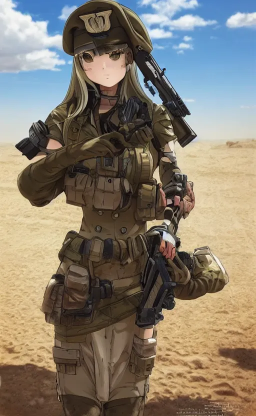 Prompt: portrait of a female soldier, highly detailed, high resolution, desert in the background, anime style, stunning, girls frontline style, bokeh soft, 3d rendering, guilty gear strive graphics, 100mm, trending on instagram, by 3d artist, realistic human anatomy, realistic military carrier, modern warfare, realistic weapon, shot with a arriflex 35 ii, low saturation, small eyes