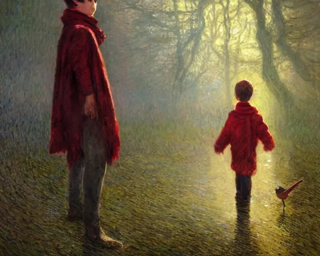 Prompt: a young boy with a red scarf, medium long brown hair, green eyes, is looking at a bird, ethereal, horror, fantasy art by greg rutkowski and magali villeneuve and claude monet