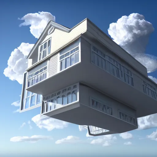 Image similar to 3D render of a house above clouds, surreal style