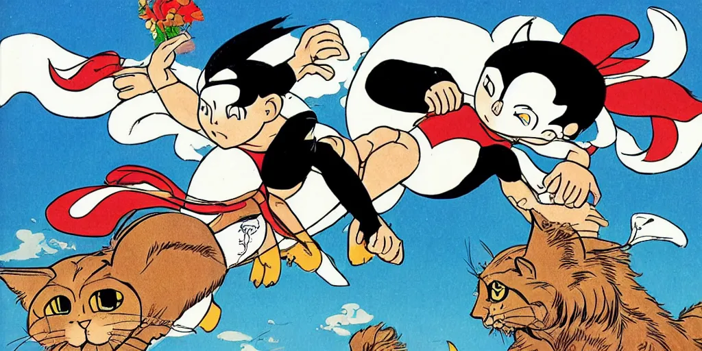 Prompt: astroboy riding a big maine coon cat, [ osamu tezuka ]