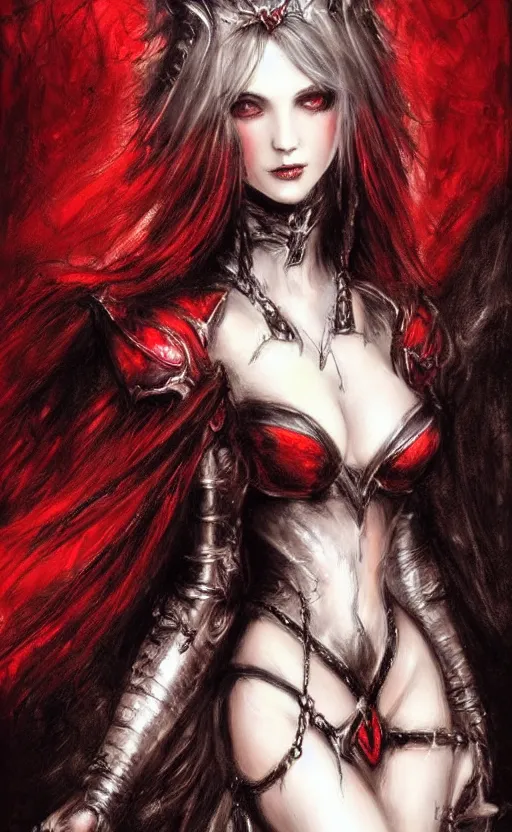 Prompt: Concept art Gothic princess in dark and red dragon armor. By Joseph Mallord William Turner, Luis Royo, artstation trending, highly detailded