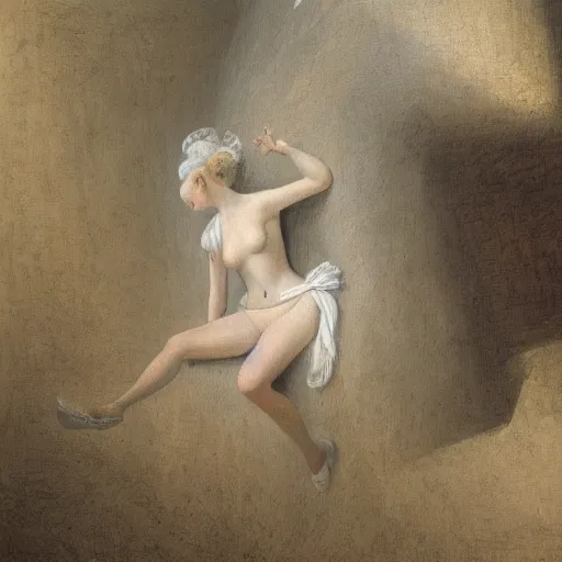 Prompt: thin, blonde women, lost on a labyrinth of concret building, in style of Jean-Honore Fragonard, surrealist