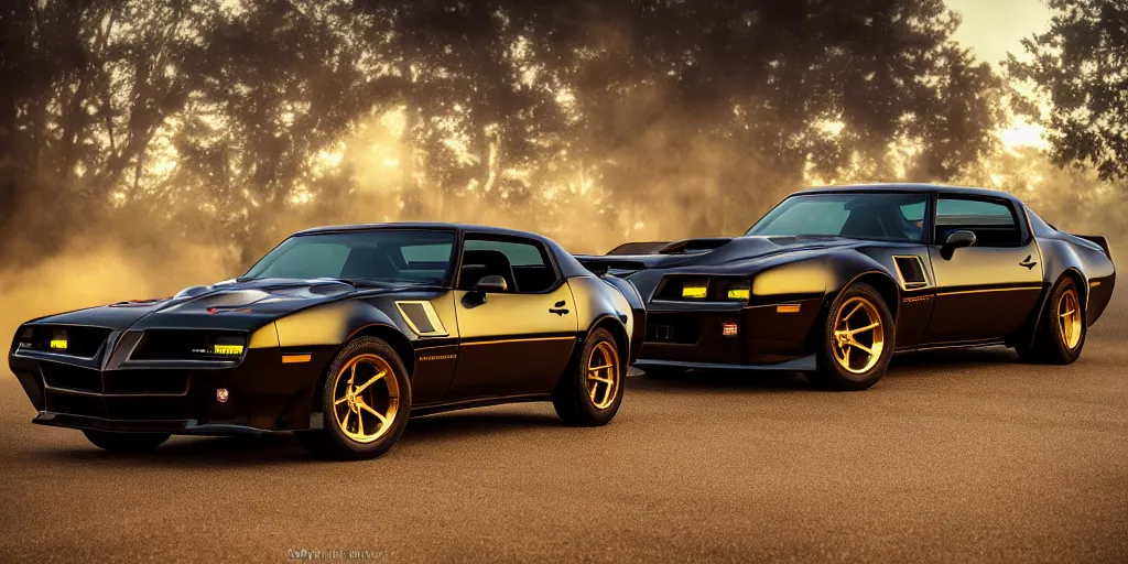 Image similar to parked black Pontiac Firebird Trans Am from Knight Rider, fog, rain, volumetric lighting, beautiful, golden hour, sharp focus, ultra detailed, cgsociety