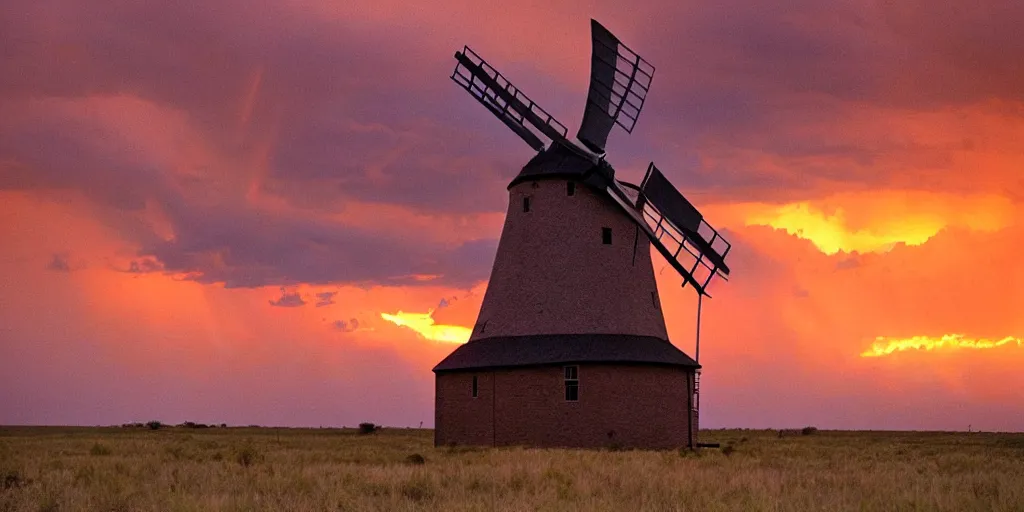 Prompt: photo of a stormy west texas sunset, perfect windmill, film photo, lightning, golden hour, high quality, beautiful!!!