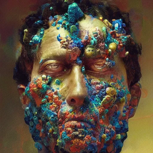 Image similar to a sculpture portrait made of bacteria and dust and molecules and atoms, painting part by wojciech siudmak, part by ilya repin, part by max ernst, part by norman rockwell, artstation