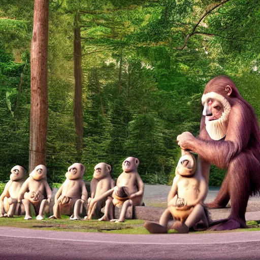 Prompt: apes sitting in a circle around a huge ice cream cone cinematic hdr realistic