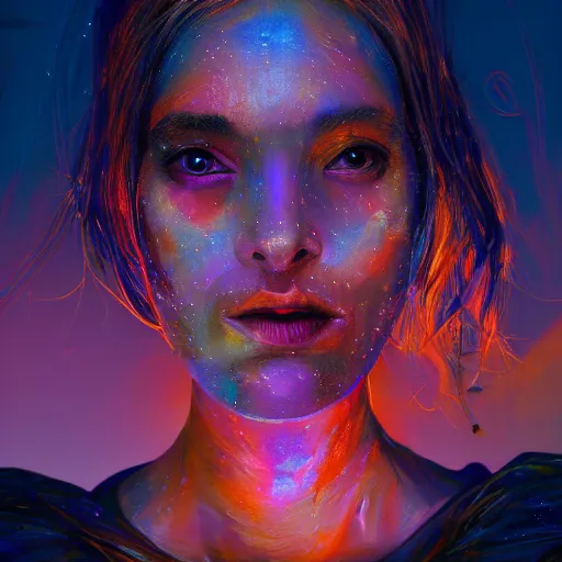 Prompt: colorful character portrait of a woman in a dark desert lit by the stars, wispy smoke, highly detailed face, very intricate, symmetrical, cinematic lighting, award - winning epic painting, painted by mandy jurgens, pan futurism, dystopian, bold colors, dark vibes, cyberpunk, groovy vibe, anime aesthetic, featured on artstation