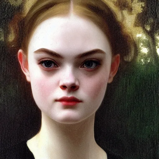 Image similar to A cursed haunted horror masterpiece head and shoulders portrait of Elle Fanning by William Adolphe Bouguereau and Junji Ito