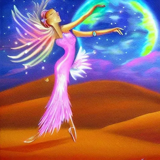 Image similar to fantasy painting elegant dancing Navi in the desert under 3 moons