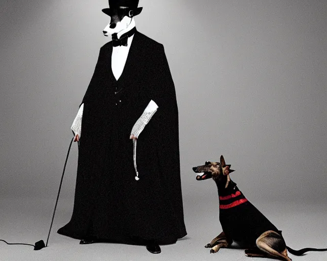 Image similar to greyhound wearing a black cloak and a top hat under a spotlight, magician dog