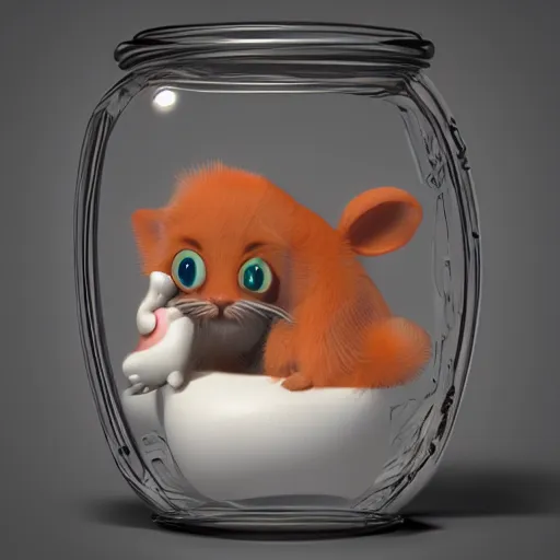 Image similar to cutie creature in a jar, digital art, 3 d, maya render, masterpiece, mega detailed, cgsociety